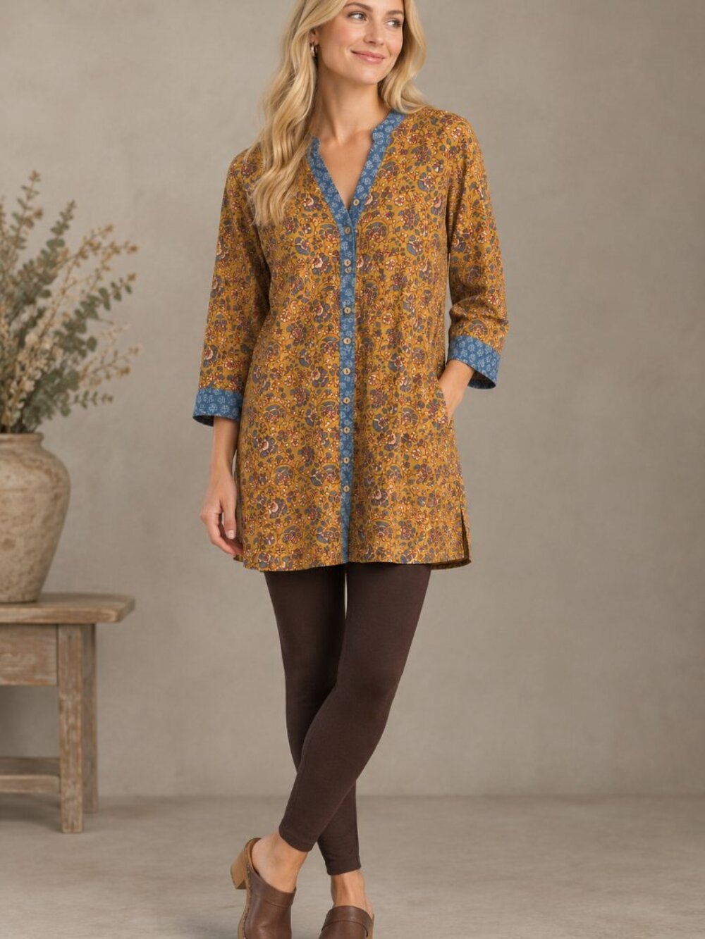 April Cornell Mustard Yellow Floral Cotton Tunic Top